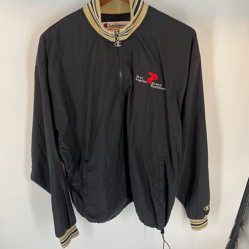 Champion Outdoor Classic Logo Mock Neck 1/4 Zip Windbreaker Jacket Black Size L